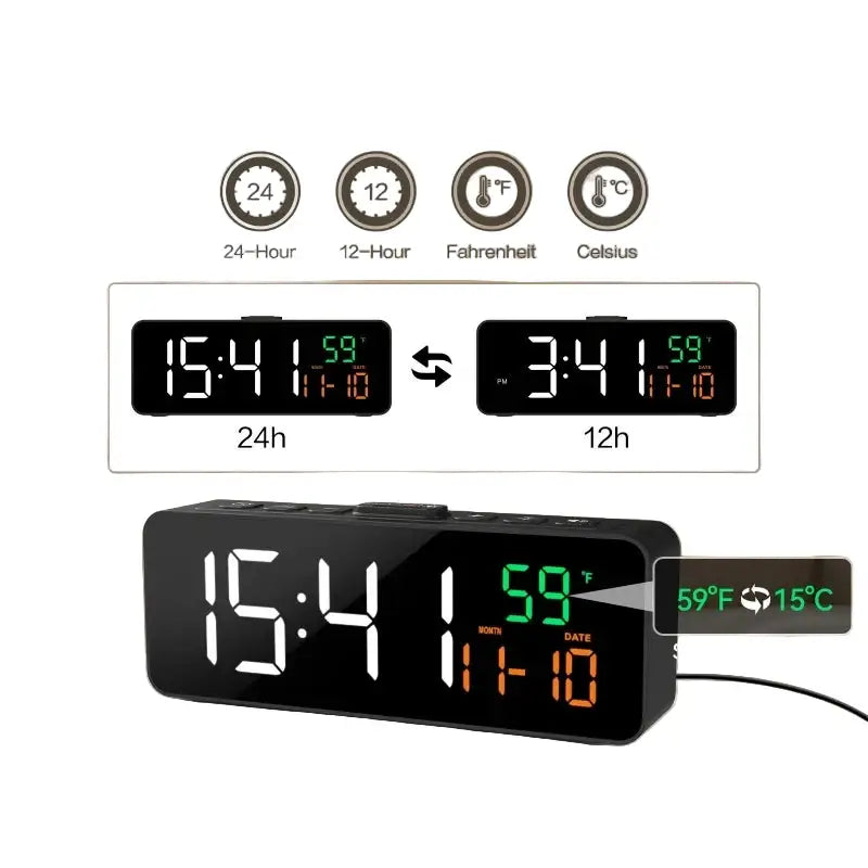 USB Digital Alarm Clock – TEMP & Date Display with 5-Level Brightness - Black - HBC