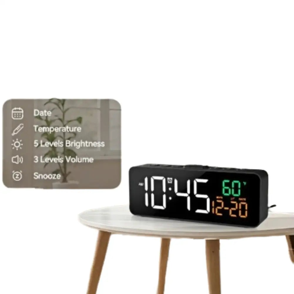 USB Digital Alarm Clock – TEMP & Date Display with 5-Level Brightness - Black - HBC
