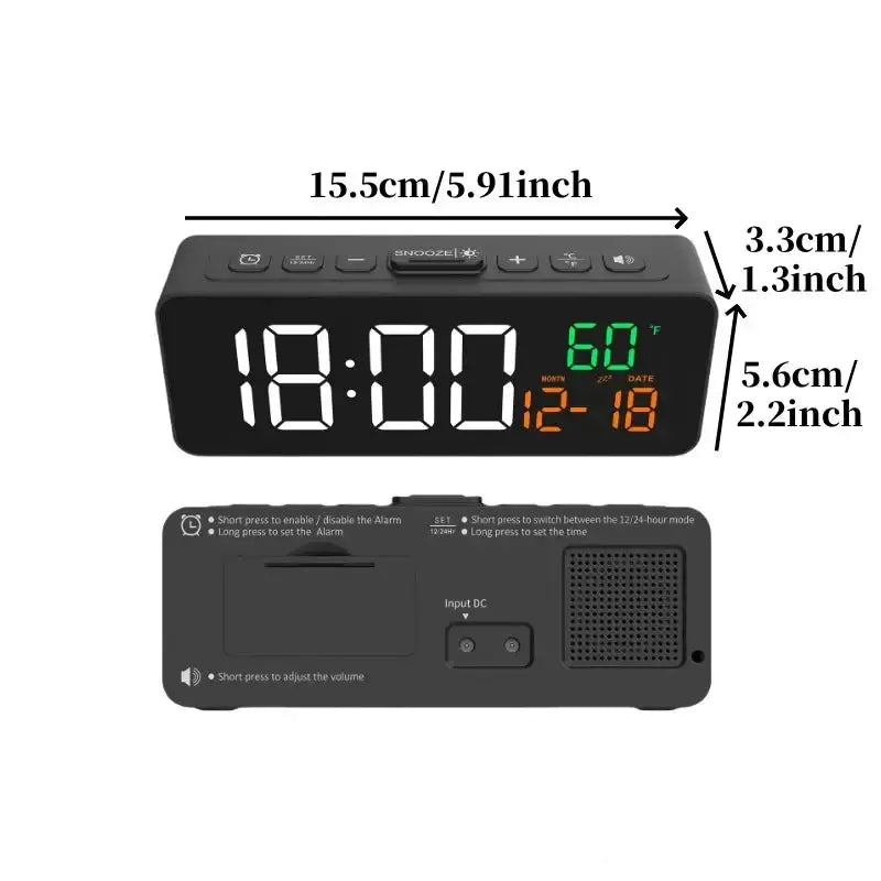 USB Digital Alarm Clock – TEMP & Date Display with 5-Level Brightness - Black - HBC