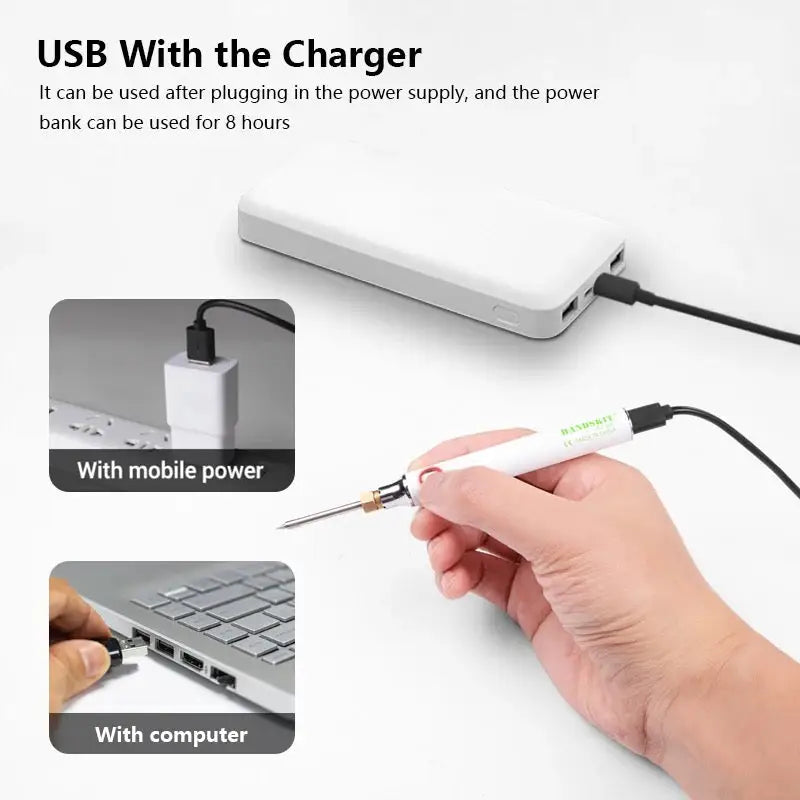 USB Soldering Iron Set - 8W Adjustable Temp Ceramic Core & Tip