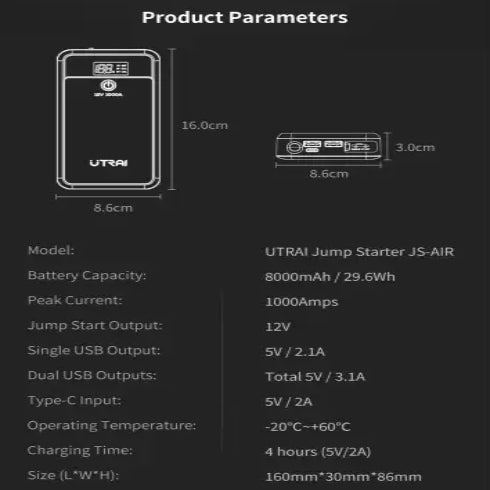 UTRAI Car Jump Starter 1000A Battery Charger 8000mAh Emergency Power Bank Booster with LED Lighting Starting Device