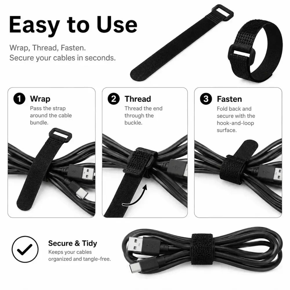Velcros Straps Reusable Organizer Black Hook and Loop Fastener Nylon Cable Ties Adjustable Wire Wrapping Cable Cord