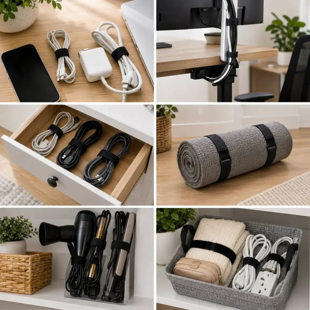 Velcros Straps Reusable Organizer Black Hook and Loop Fastener Nylon Cable Ties Adjustable Wire Wrapping Cable Cord