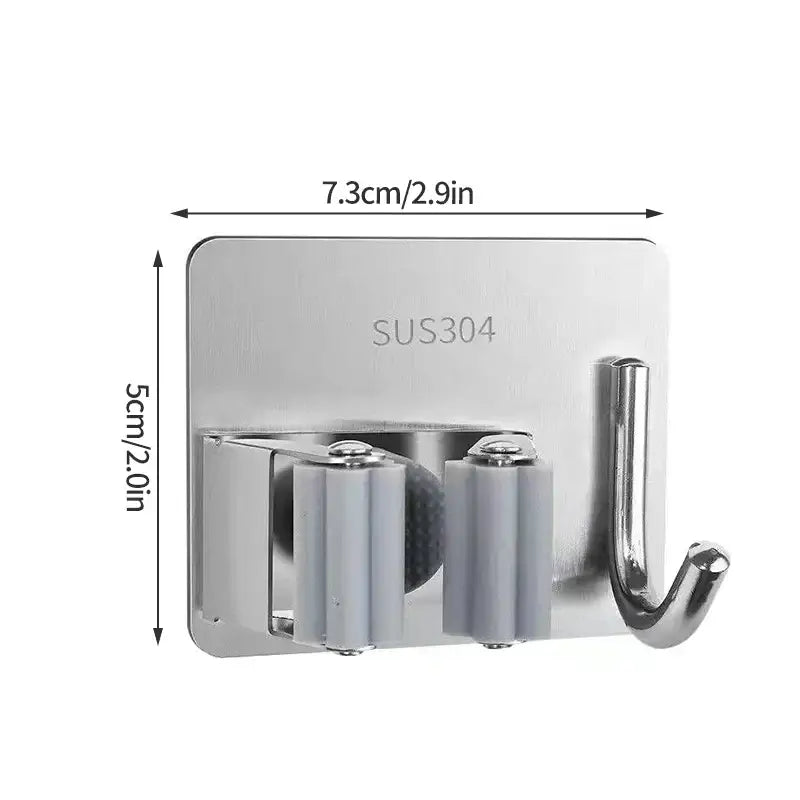 Wall-Mount Mop & Broom Holder - Silver Hook - SS