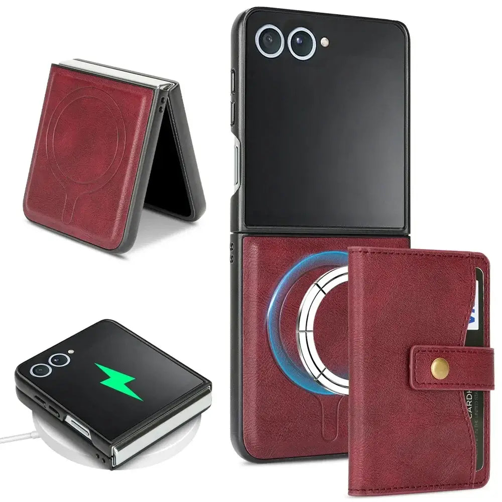 Wallet Leather Case for the Samsung Galaxy Z Flip7 (4 colours available) - Dark Red / Galaxy Z Flip7 - 9eight5