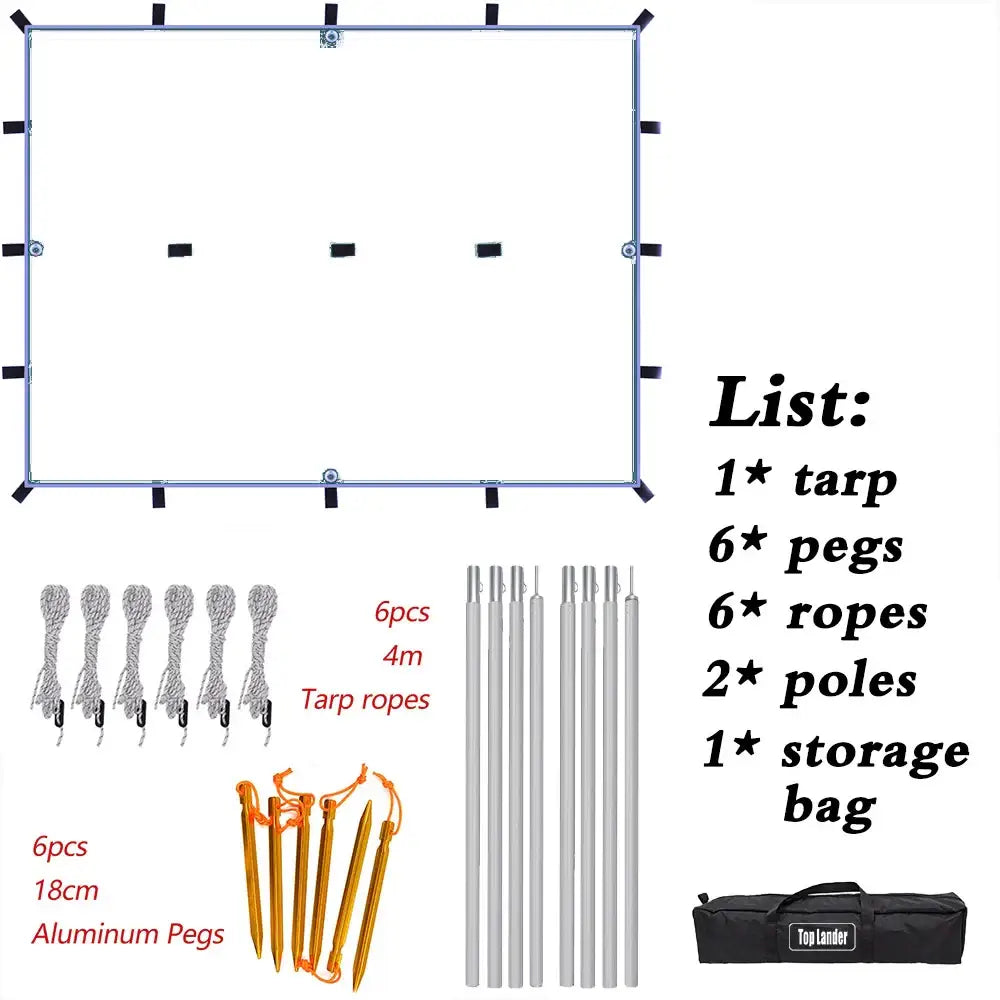 Waterproof Tarp with 19 Hang Points (3 different types available) - 6 ropes 6 pegs 2 poles / Black 3x3m - SS