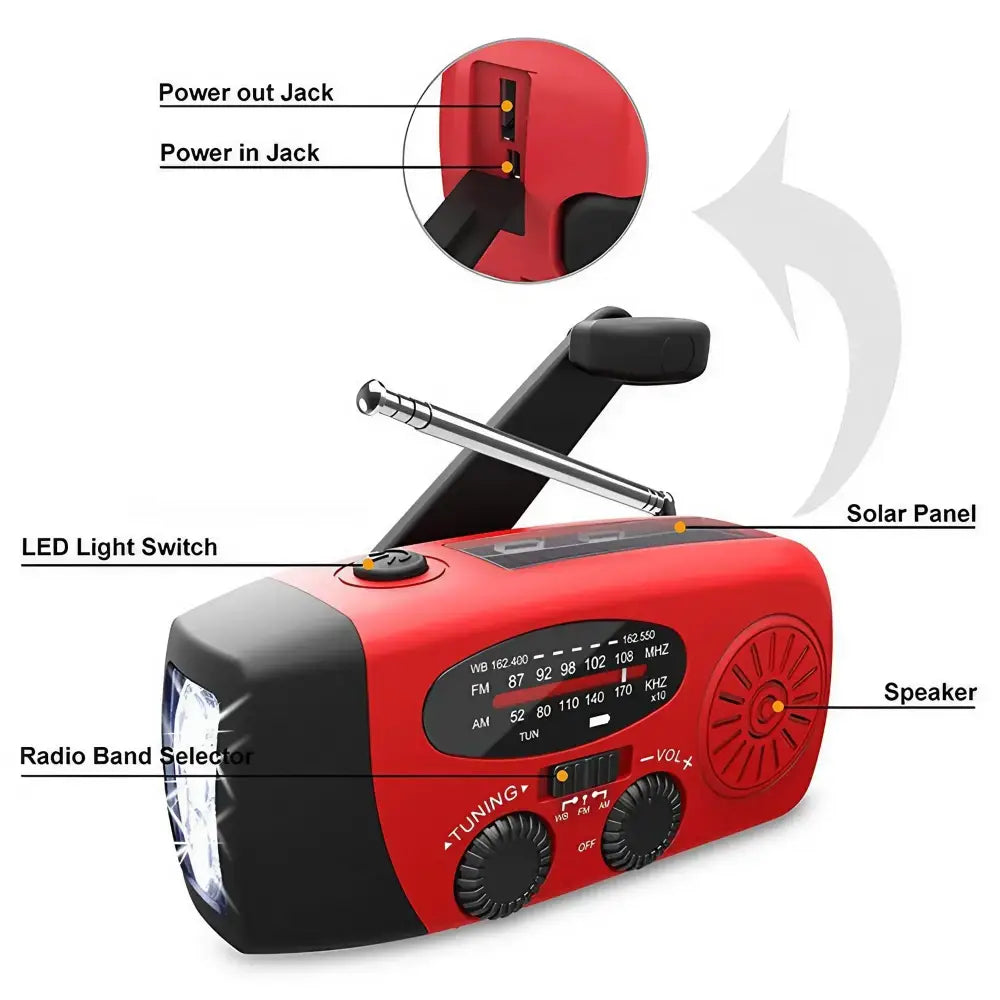 Weather Radio Emergency Multifunctional Radio FM AM WB Hand Crank Solar USB Charging 2000mAh Power Bank LED Flashlight