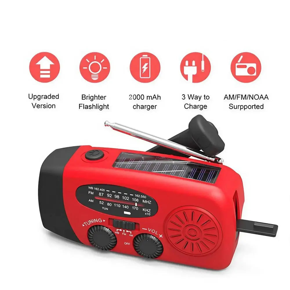 Weather Radio Emergency Multifunctional Radio FM AM WB Hand Crank Solar USB Charging 2000mAh Power Bank LED Flashlight