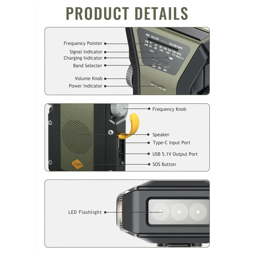 Weather Radio Emergency Multifunctional Radio FM AM WB Hand Crank Solar USB Charging 2000mAh Power Bank LED Flashlight
