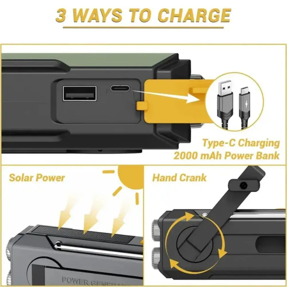 Weather Radio Emergency Multifunctional Radio FM AM WB Hand Crank Solar USB Charging 2000mAh Power Bank LED Flashlight