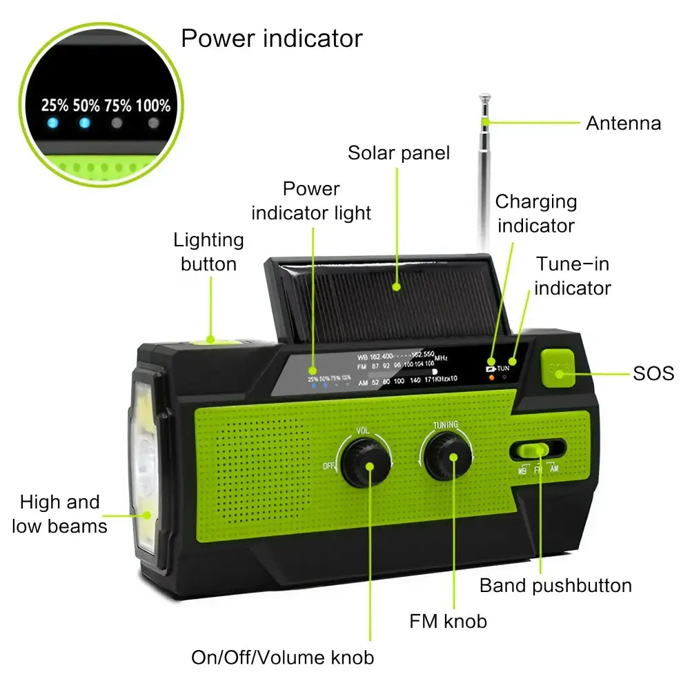 Weather Radio Emergency Multifunctional Radio FM AM WB Hand Crank Solar USB Charging 2000mAh Power Bank LED Flashlight