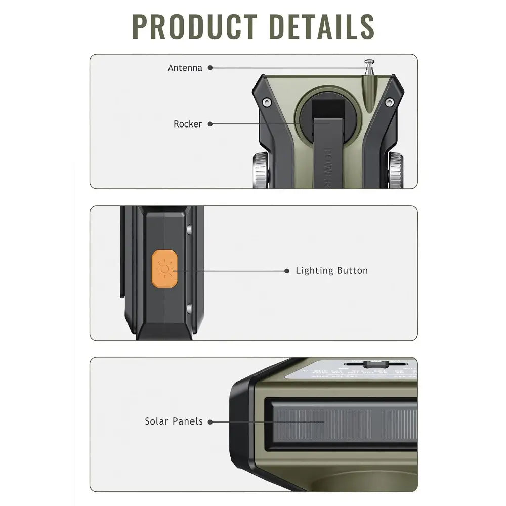 Weather Radio Emergency Multifunctional Radio FM AM WB Hand Crank Solar USB Charging 2000mAh Power Bank LED Flashlight