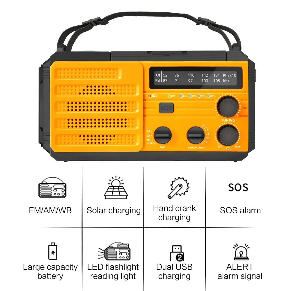 Weather Radio Emergency Multifunctional Radio FM AM WB Hand Crank Solar USB Charging 2000mAh Power Bank LED Flashlight