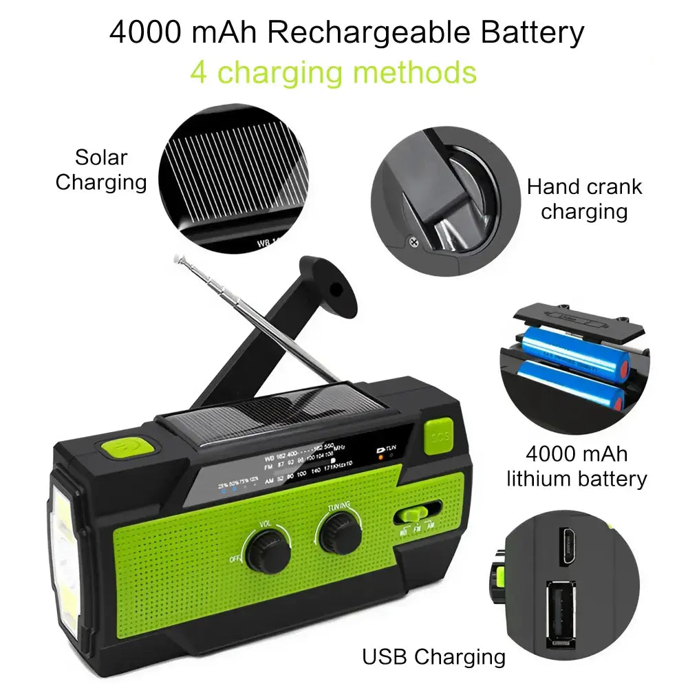 Weather Radio Emergency Multifunctional Radio FM AM WB Hand Crank Solar USB Charging 2000mAh Power Bank LED Flashlight