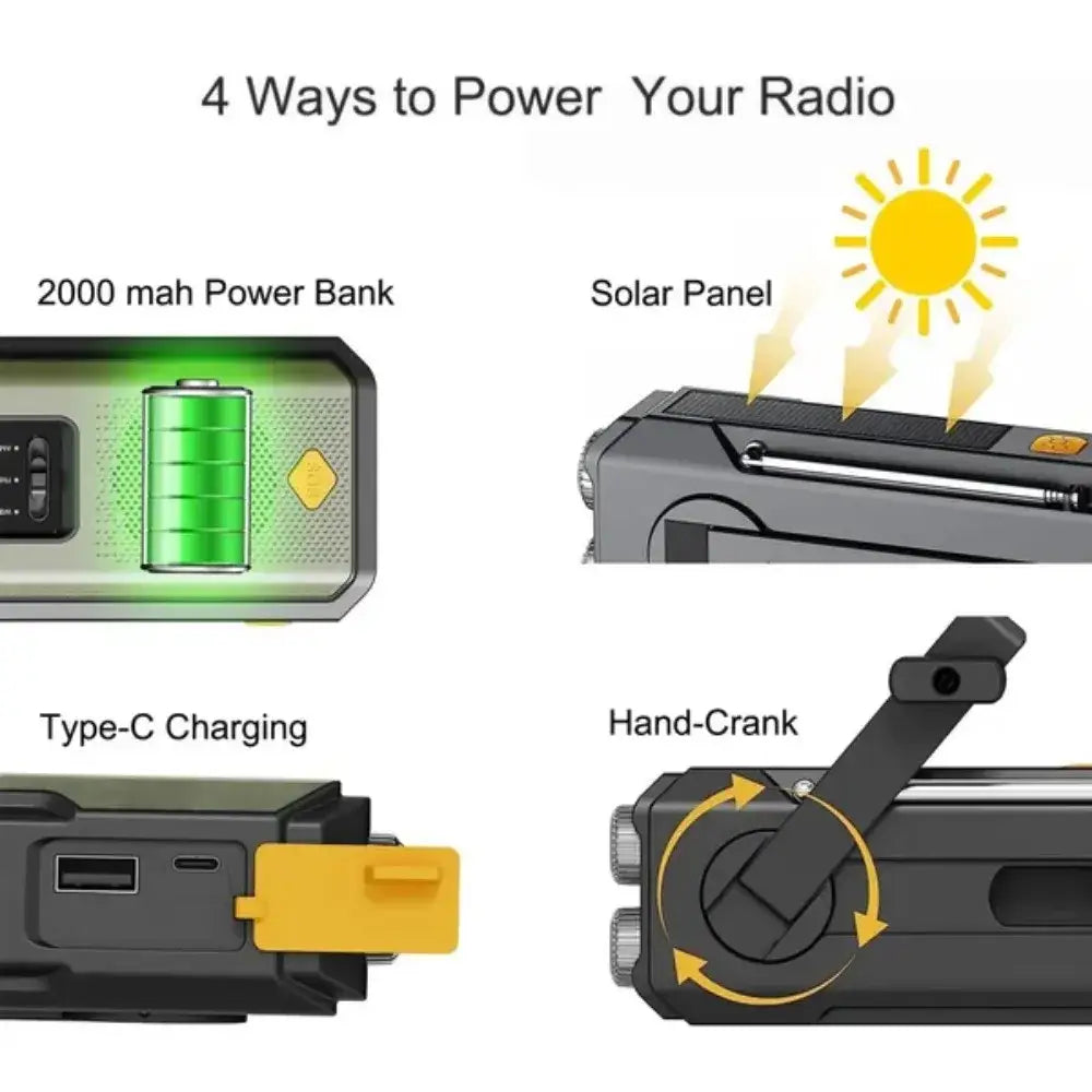 Weather Radio Emergency Multifunctional Radio FM AM WB Hand Crank Solar USB Charging 2000mAh Power Bank LED Flashlight