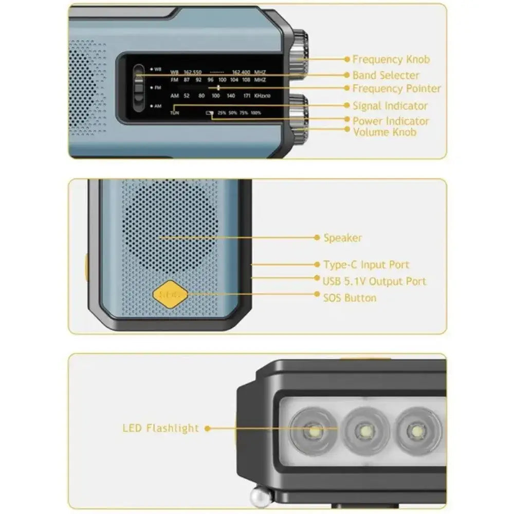 Weather Radio Emergency Multifunctional Radio FM AM WB Hand Crank Solar USB Charging 2000mAh Power Bank LED Flashlight
