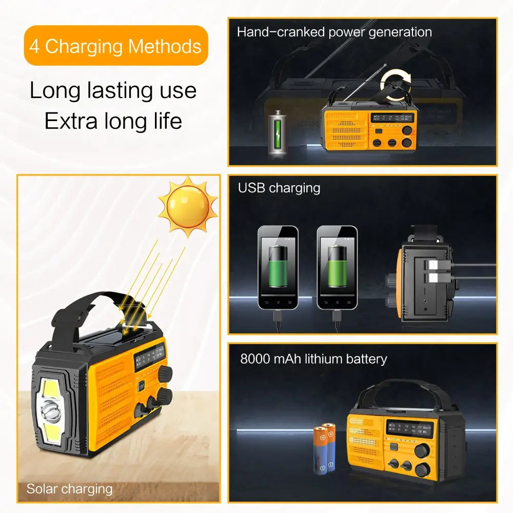 Weather Radio Emergency Multifunctional Radio FM AM WB Hand Crank Solar USB Charging 2000mAh Power Bank LED Flashlight