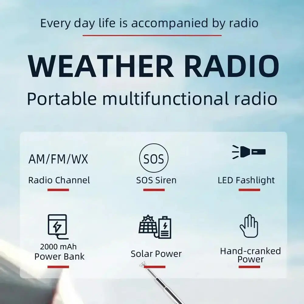 Weather Radio Emergency Multifunctional Radio FM AM WB Hand Crank Solar USB Charging 2000mAh Power Bank LED Flashlight