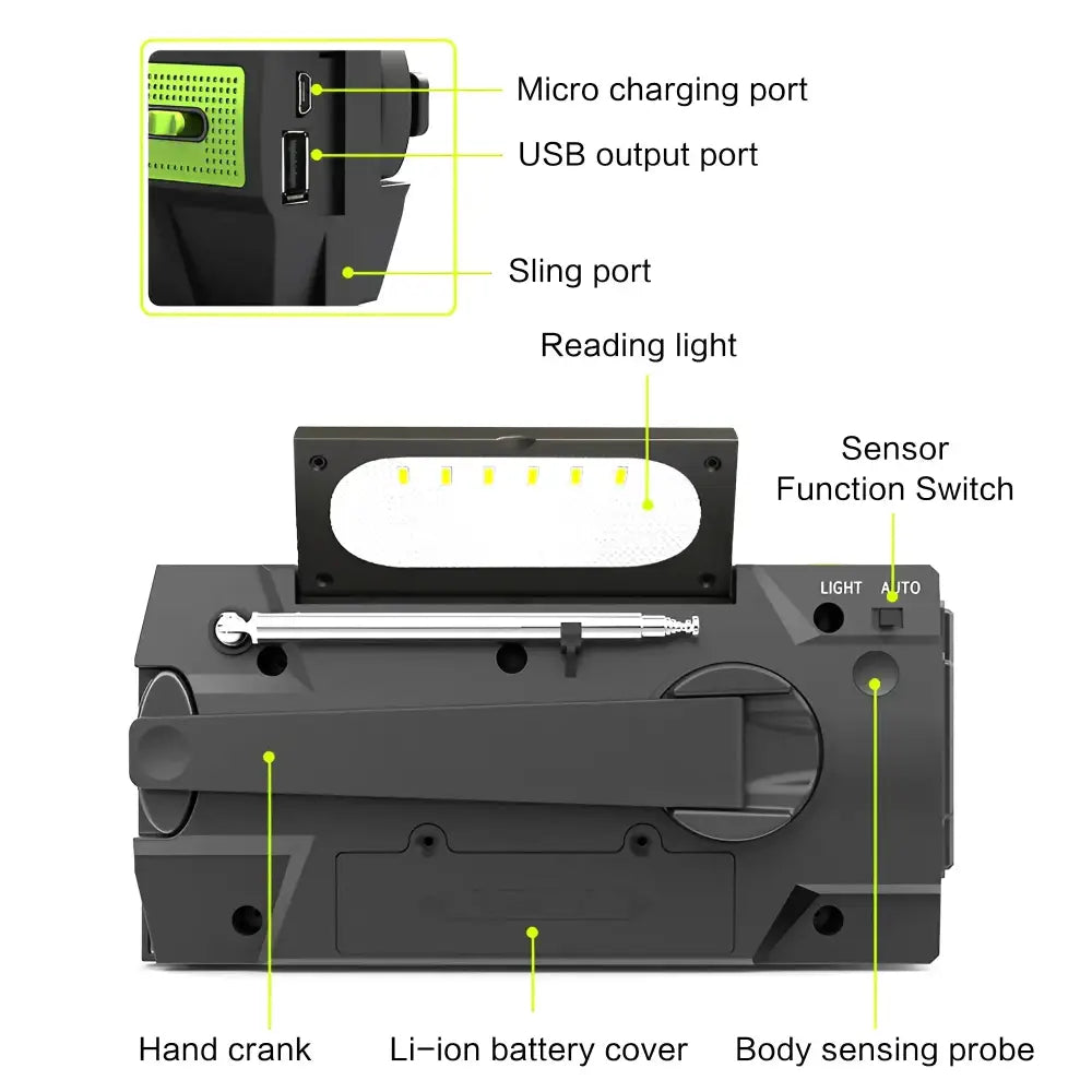 Weather Radio Emergency Multifunctional Radio FM AM WB Hand Crank Solar USB Charging 2000mAh Power Bank LED Flashlight