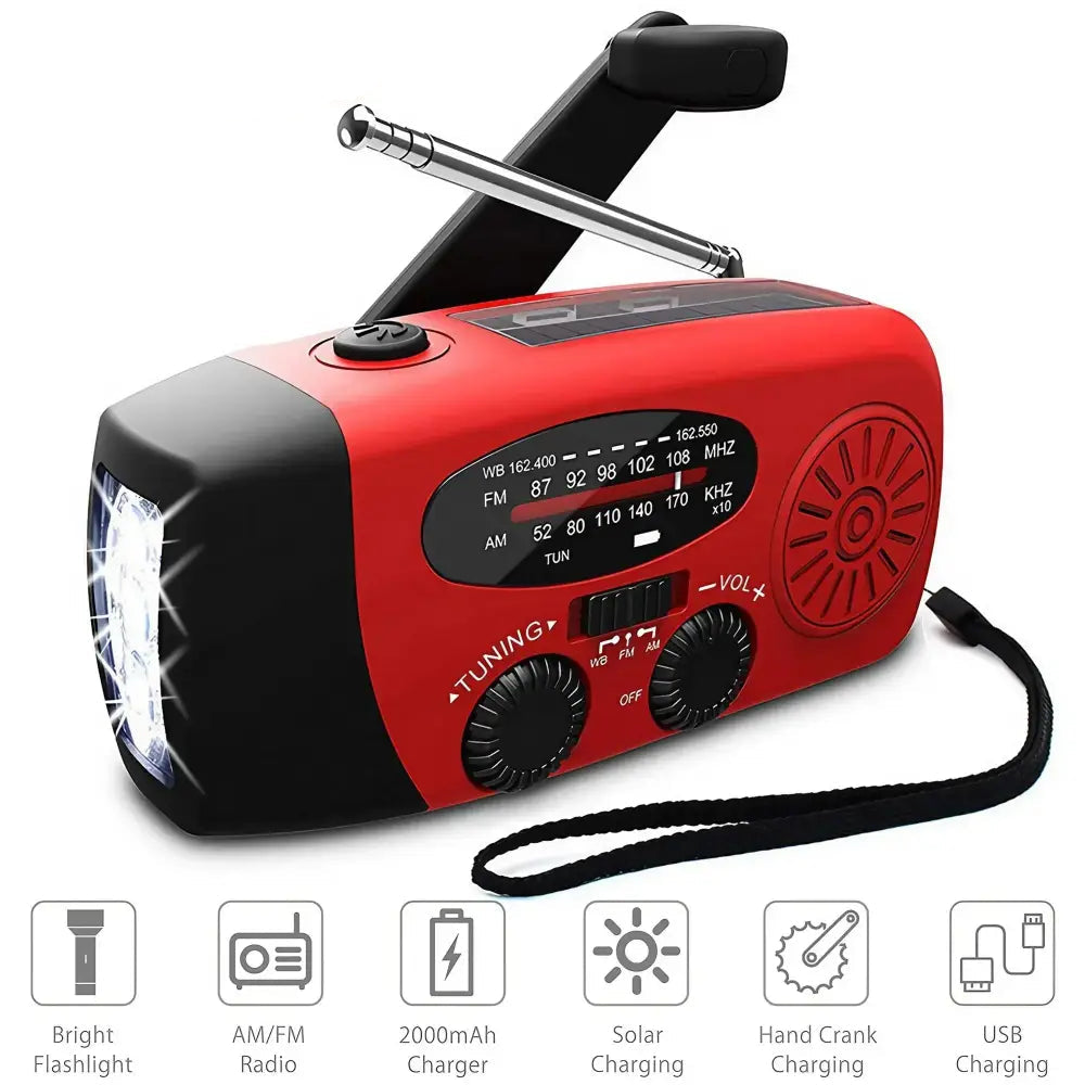 Weather Radio Emergency Multifunctional Radio FM AM WB Hand Crank Solar USB Charging 2000mAh Power Bank LED Flashlight
