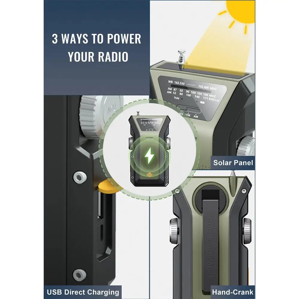 Weather Radio Emergency Multifunctional Radio FM AM WB Hand Crank Solar USB Charging 2000mAh Power Bank LED Flashlight
