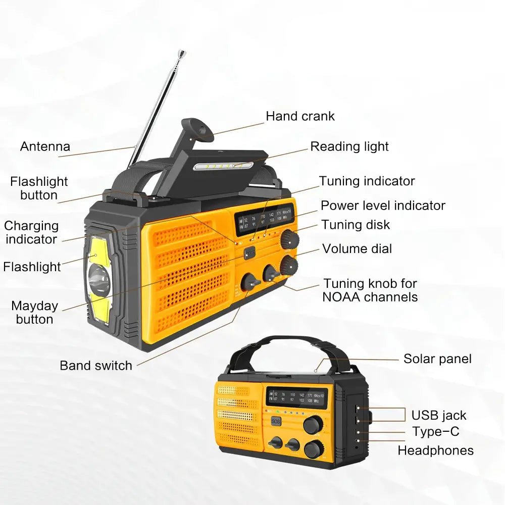 Weather Radio Emergency Multifunctional Radio FM AM WB Hand Crank Solar USB Charging 2000mAh Power Bank LED Flashlight