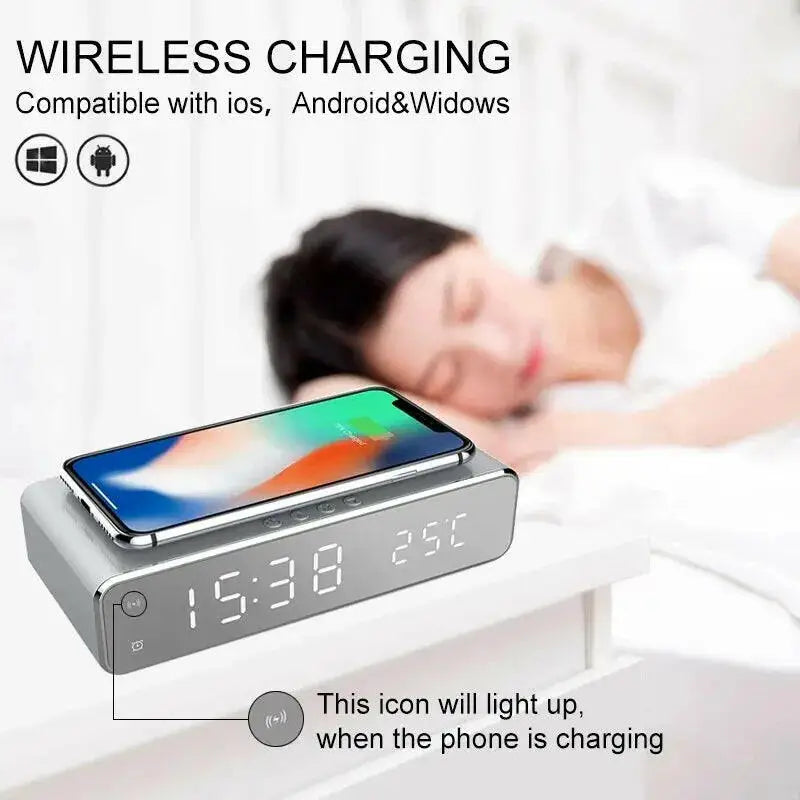 Wireless Charging Dock Station with Time Alarm Clock LED Digital Thermometer and Fast Charging for iPhone and Samsung