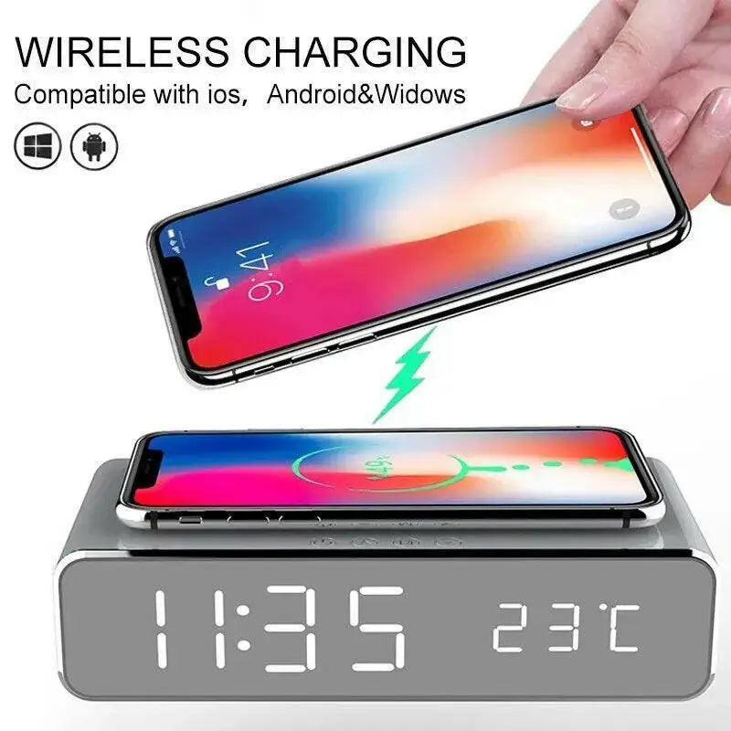 Wireless Charging Dock Station with Time Alarm Clock LED Digital Thermometer and Fast Charging for iPhone and Samsung