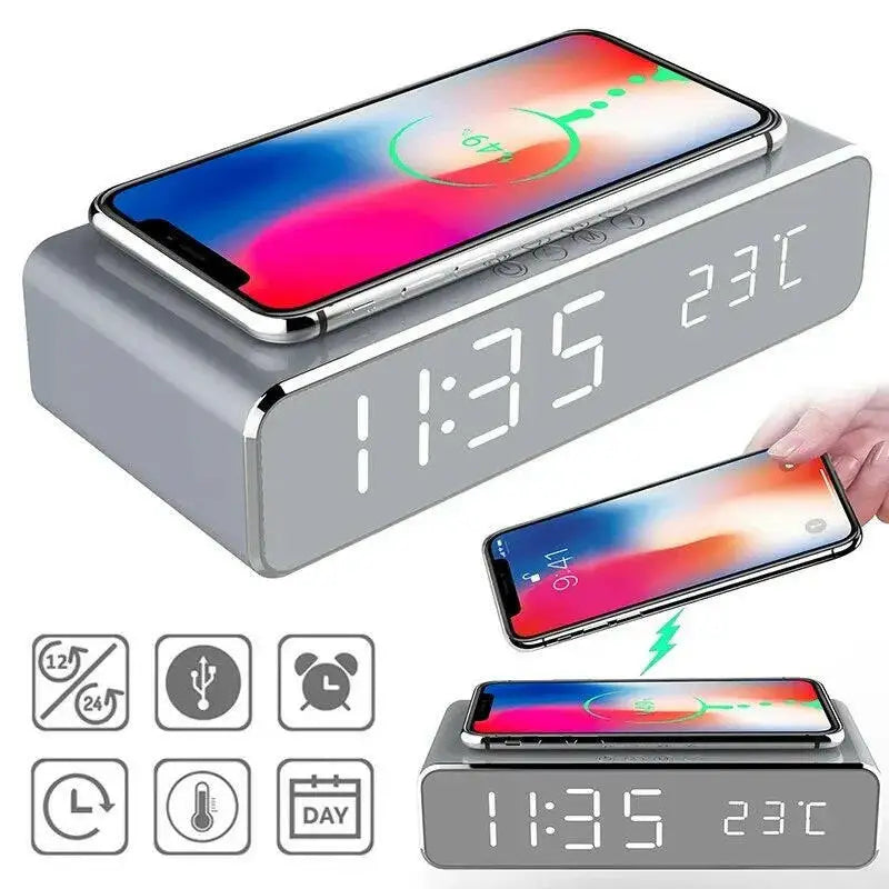 Wireless Charging Dock Station with Time Alarm Clock LED Digital Thermometer and Fast Charging for iPhone and Samsung