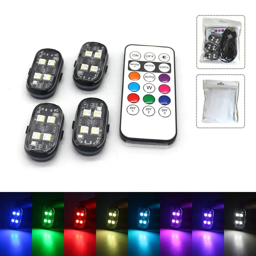 Wireless LED Strobe Lights – 8-Color Rechargeable Anti-Collision Warning Lights - 4pcs / RGB - HBC