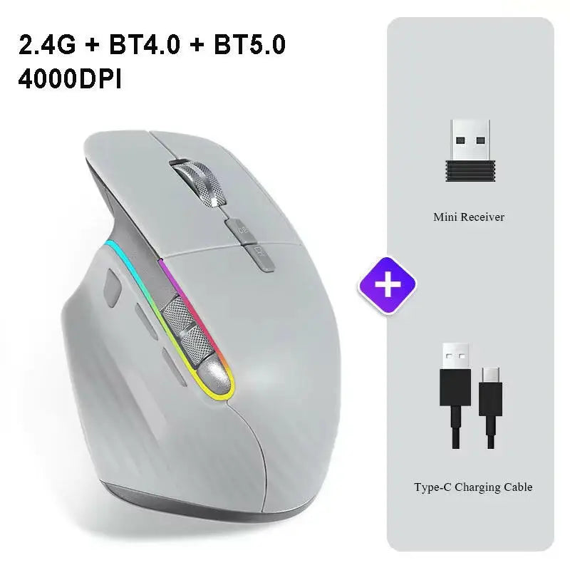 Wireless Mouse Bluetooth + 2.4G Tri-Mode Mouse Mute Mice Ergonomic Gaming Mouse USB-C Rechargeable 5 DPI for Laptop PC