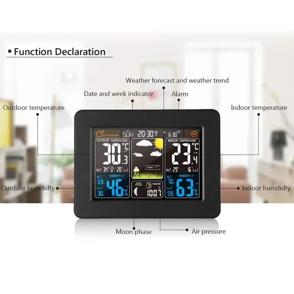 Wireless Weather Station with LCD Display & Clock - Black - HBC