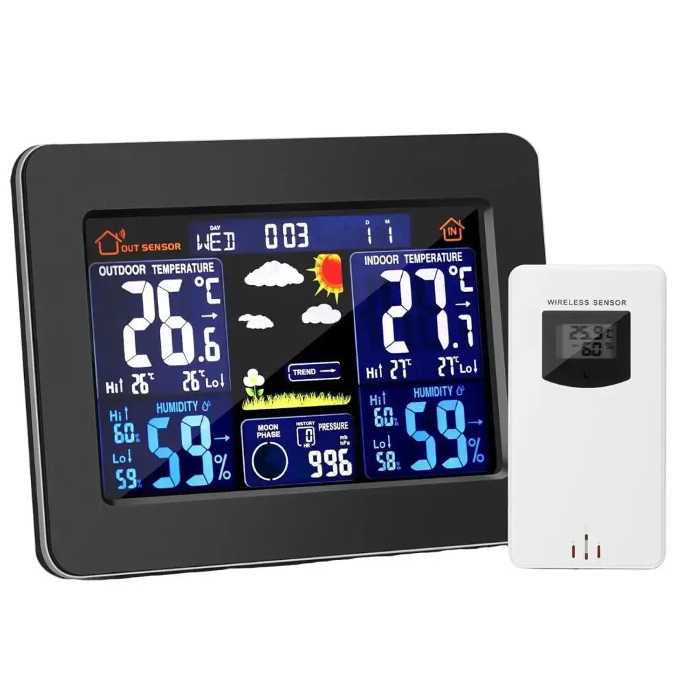 Wireless Weather Station with LCD Display & Clock - Black - HBC