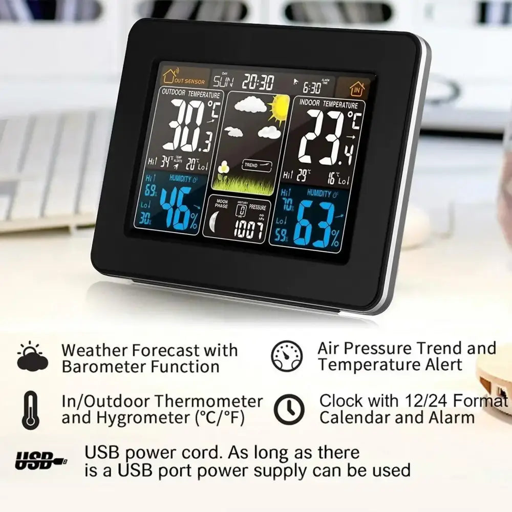 Wireless Weather Station with LCD Display & Clock - Black - HBC
