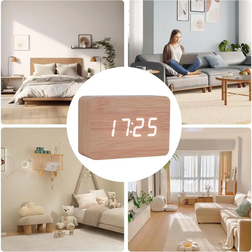 Wooden LED Digital Alarm Clock with Temperature Display & Night Light (4 colours available) - HBC