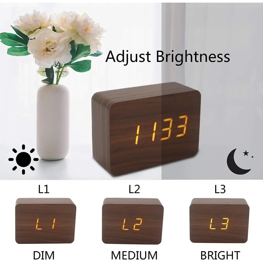 Wooden LED Digital Alarm Clock with Temperature Display & Night Light (4 colours available) - HBC